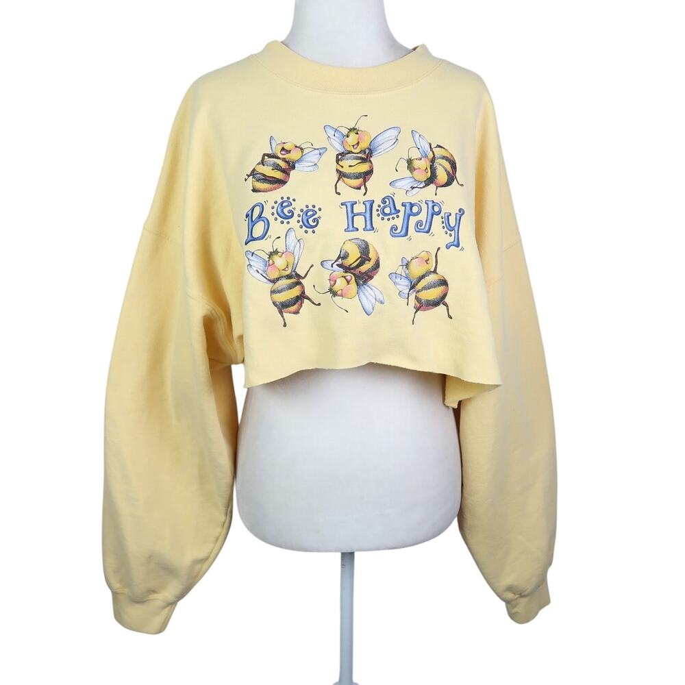 Vintage 90s Yellow "Bee Happy" Bumblebee Graphic Sweatshirt Cropped XL